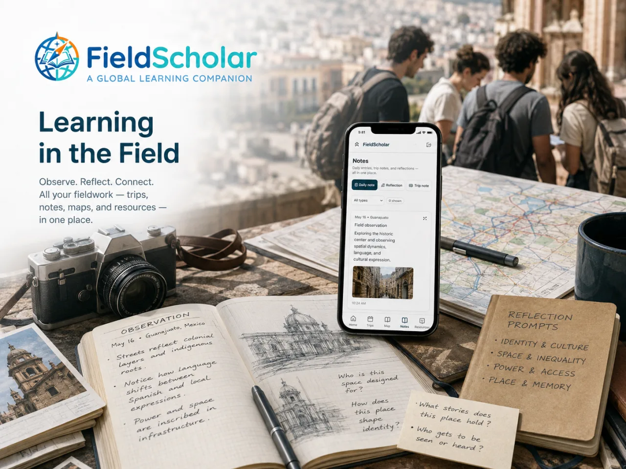 Students documenting an urban field-learning experience with notes, maps, and the FieldScholar app