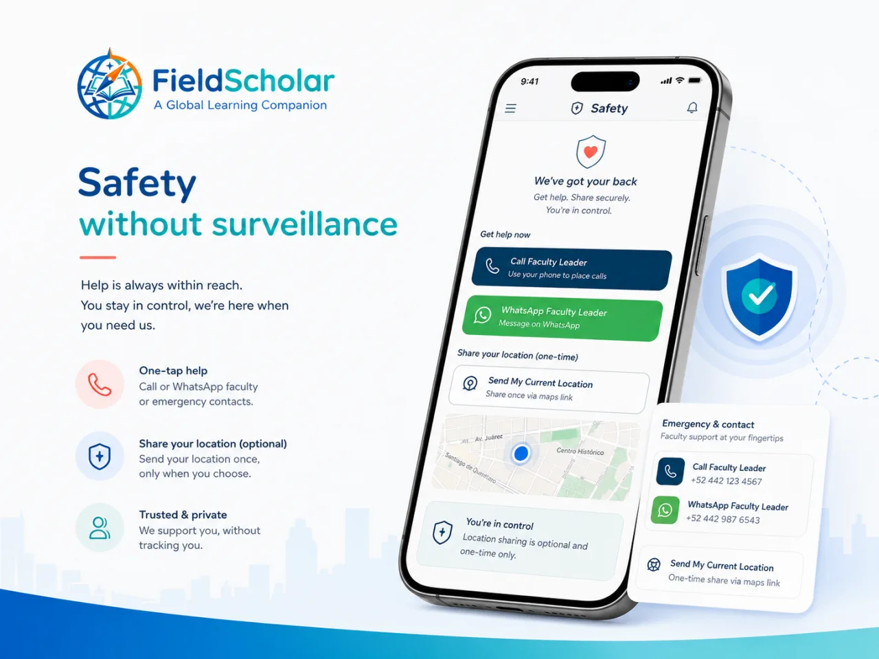 FieldScholar safety screen with faculty contact and optional one-time location sharing